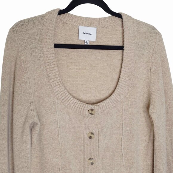 Reformation Karina Regenerative Wool Linen Tan Scoop Neck Cardigan Size L - Picture 5 of 12